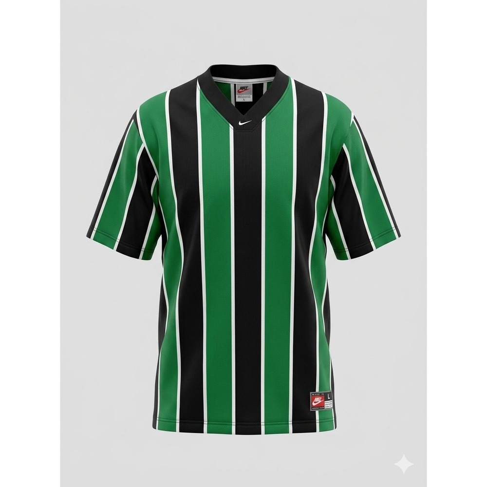Vintage 90s Nike Team Jersey Mens Green Black Vertical Stripe V-Neck Soccer L